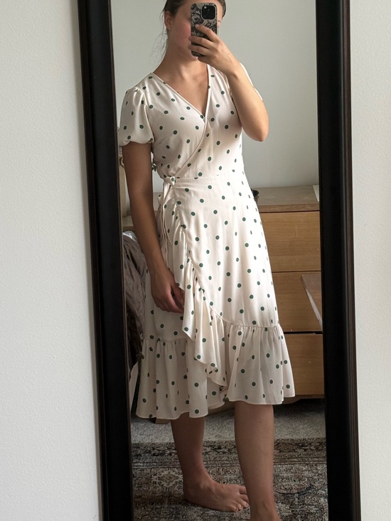 LC Lauren Conrad Dresses & Skirts - LC Lauren Conrad Cream Wrap Midi Dress with Green Polka Dots
